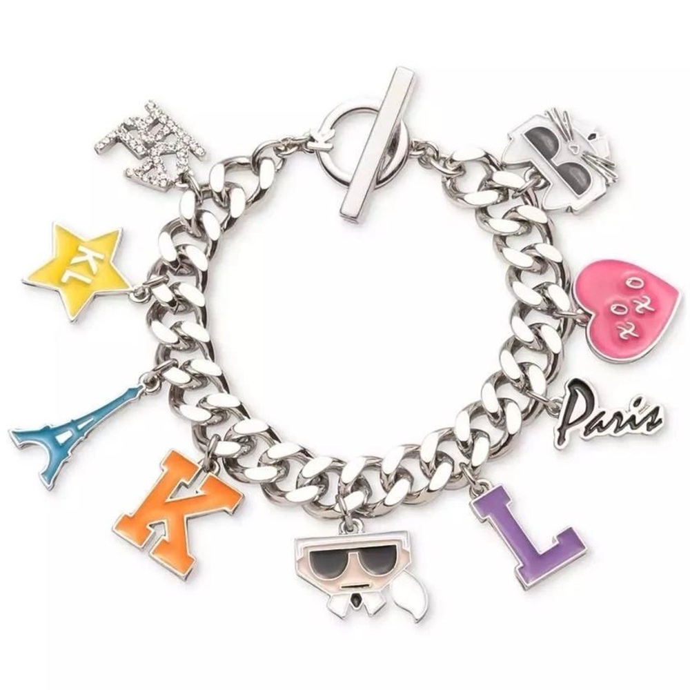 Karl Lagerfeld Paris Silver-Tone Pave Mixed Multicolor Charm Bracelet NEW